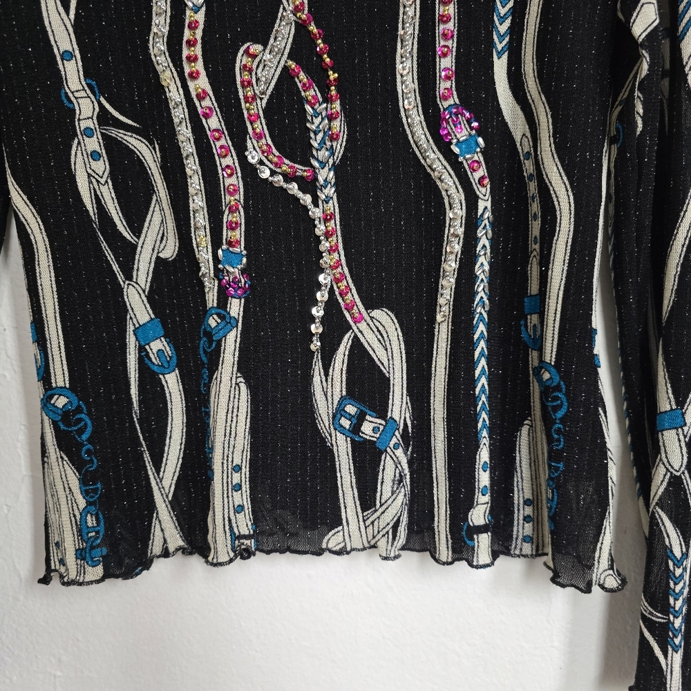 AZI Jeans Sheer Mesh Belt Print Beaded Y2K Top Size M - Picture 9 of 16